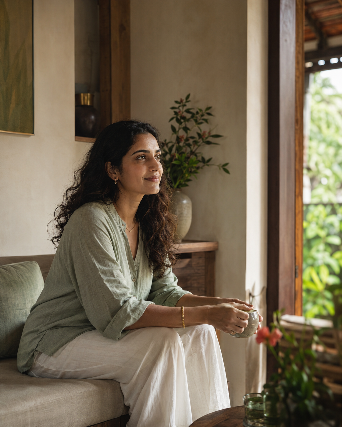 Woman reflecting in a calm everyday moment
